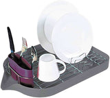 Calitek dish drying rack with drip tray holding plates, mug, and utensils for kitchen organization
