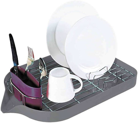 Calitek dish drying rack with drip tray holding plates, mug, and utensils for kitchen organization