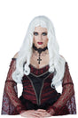Woman wearing ghost spirit white wig long curly hair with gothic black and red lace dress