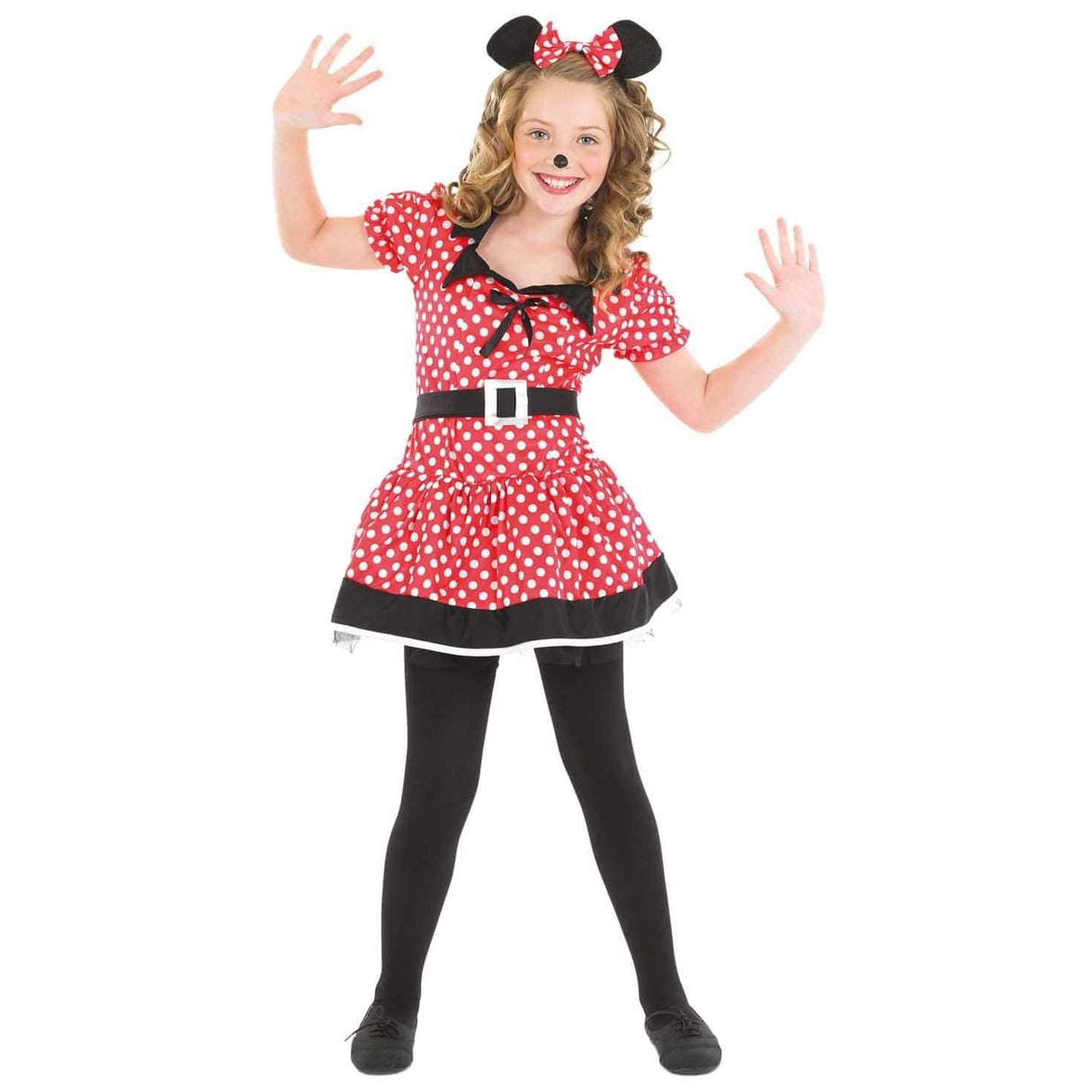 Girl wearing a girls cartoon mouse costume with red polka dot dress and black mouse ears headband
