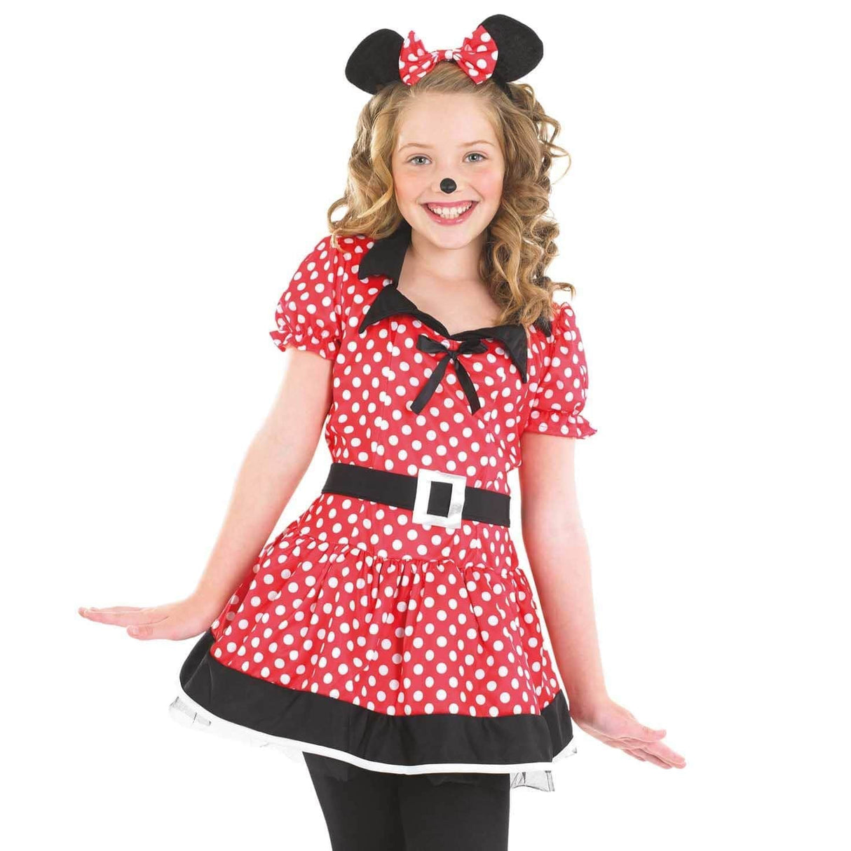 Girls cartoon mouse costume red and white polka dot dress with black belt and mouse ears headband