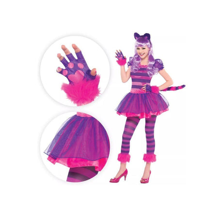 Girls Cheshire cat costume with purple and pink striped tutu dress, tail, gloves, and leggings