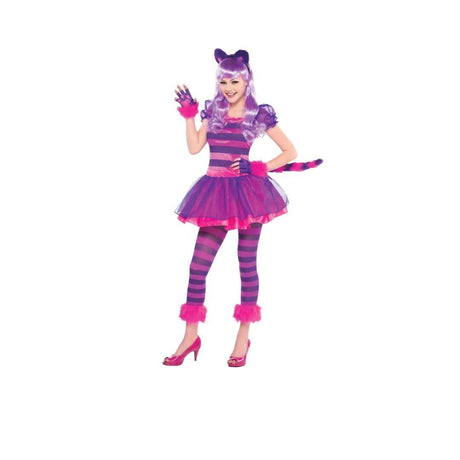 Girls Cheshire Cat costume with purple and pink striped dress, leggings, tail, and accessories
