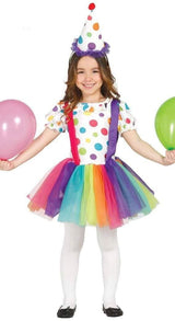 Girls clown costume colorful with polka dots, rainbow tutu skirt, matching hat, and balloons
