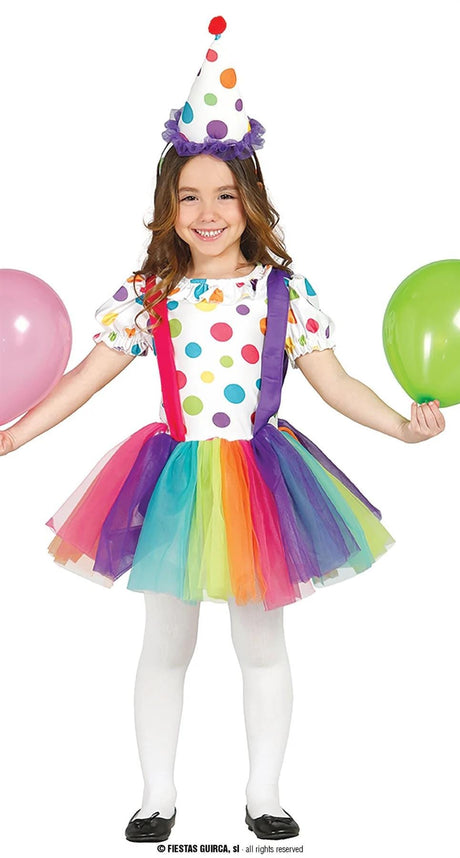 Girls clown costume colorful with rainbow tutu skirt, polka dot top, and matching party hat