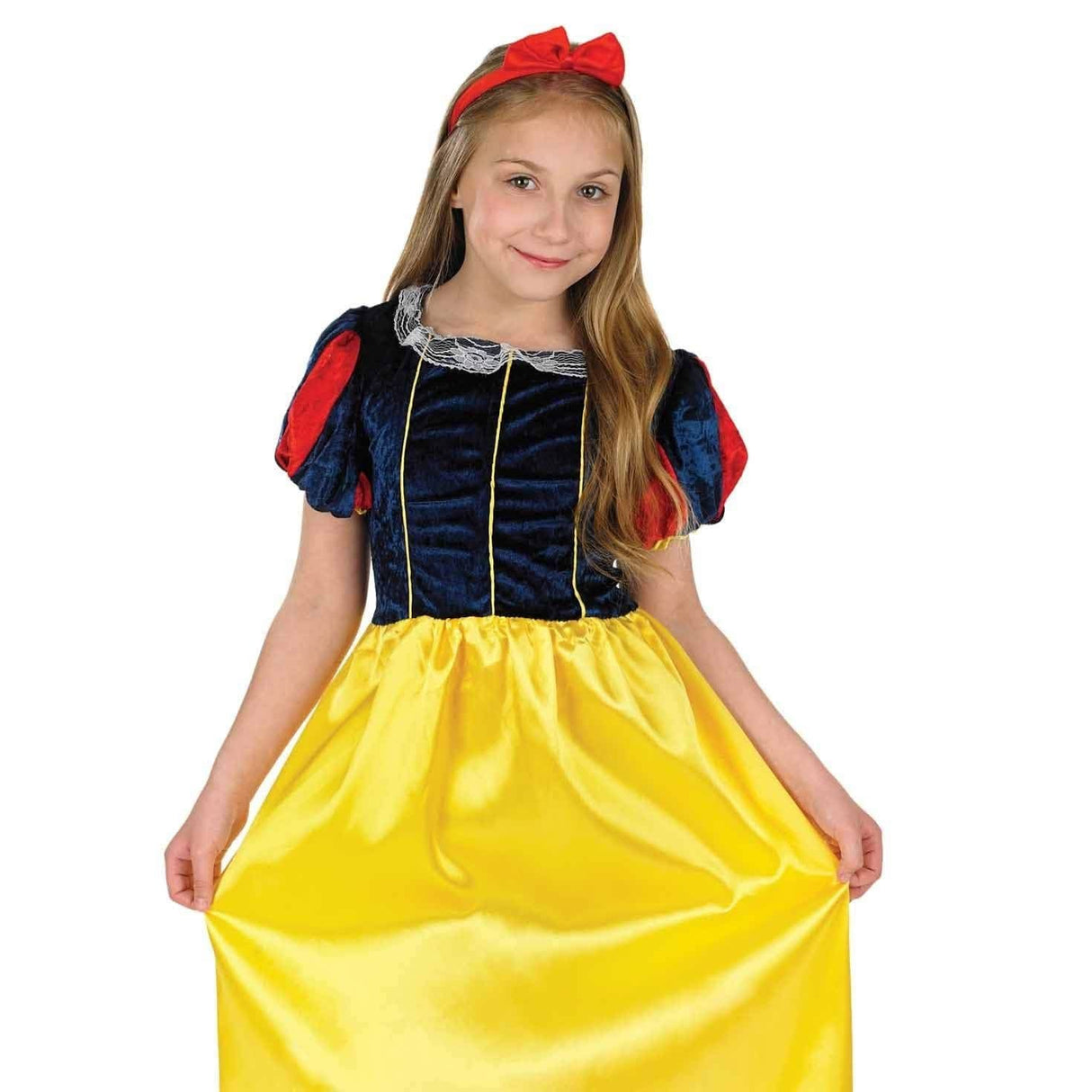 Girls fairytale costume age 8-10 with blue velvet bodice, yellow skirt, red puff sleeves, and red headband