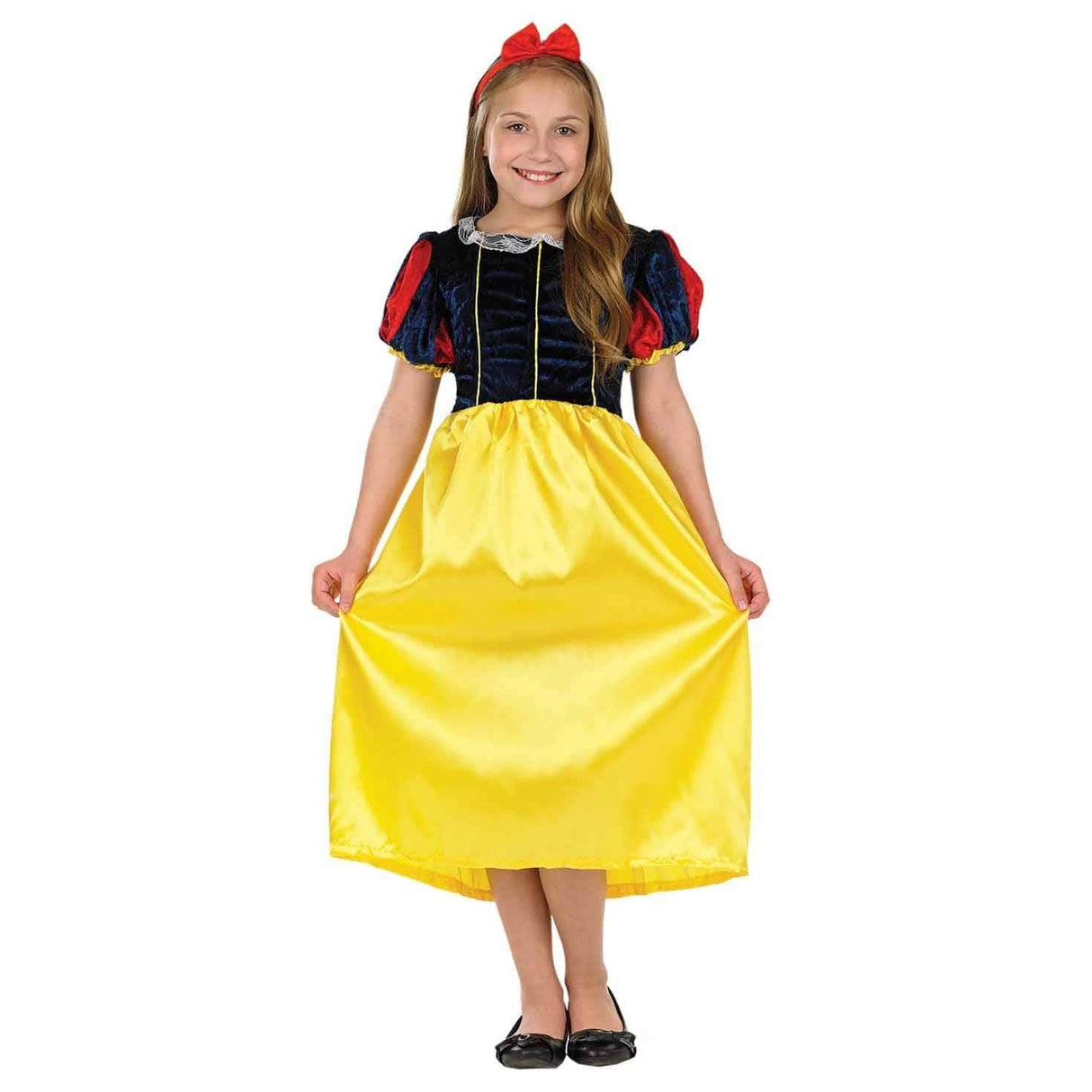 Girls fairytale costume age 8-10 inspired by classic princess design with yellow skirt and red bow