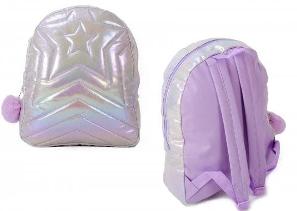 Girls Fancy Dress TMC-00110 Girls Lilac and Silver Star Backpack With Pom Poms