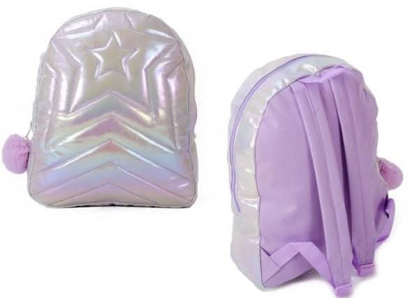 Girls lilac star backpack with shiny silver star pattern and pom pom zipper charm