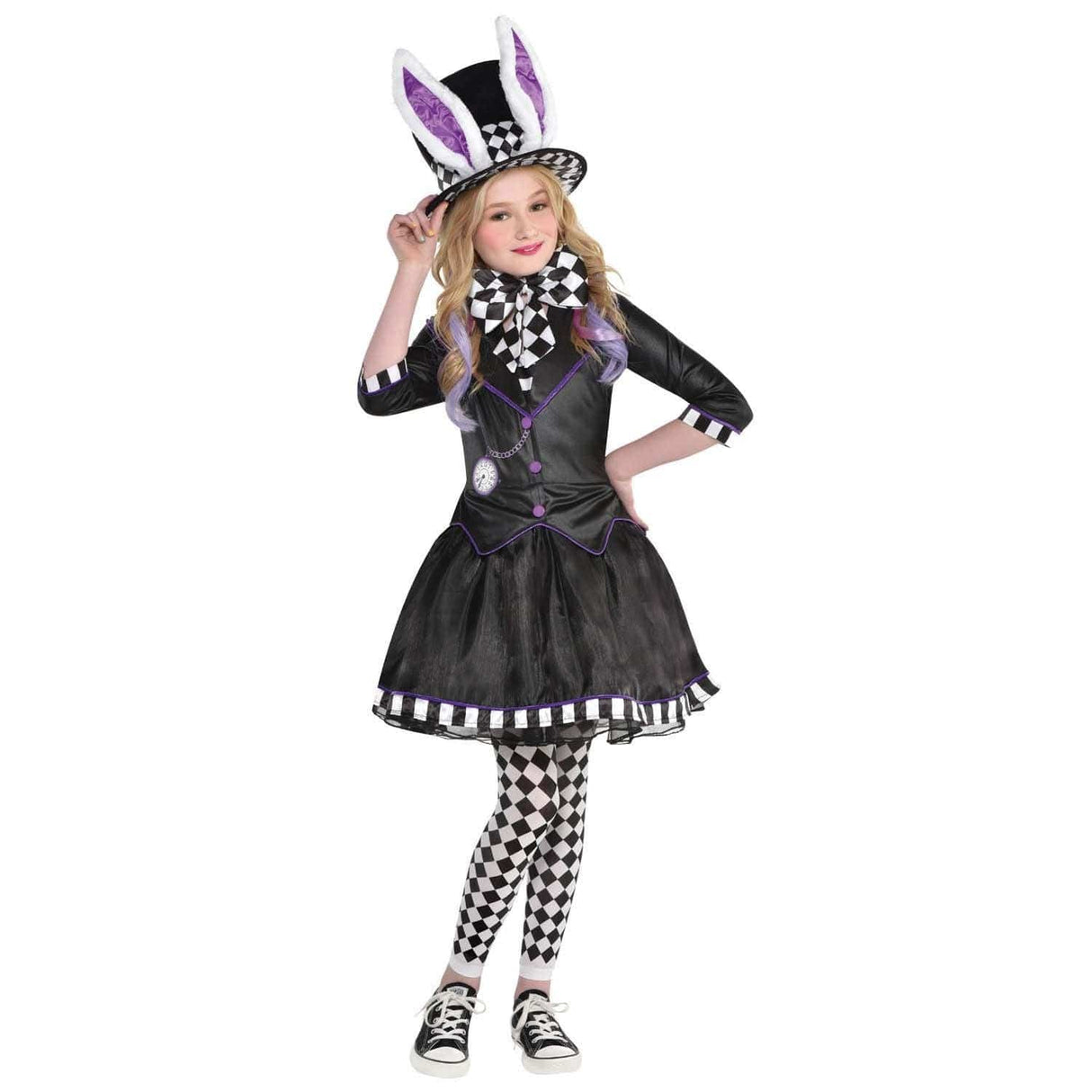 Girl wearing a black and purple girls mad hatter costume with checkered tights and bunny ear hat
