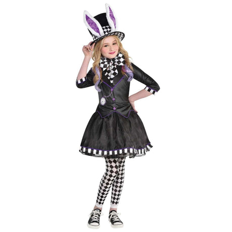 Girl wearing a black and purple girls mad hatter costume with checkered tights and bunny ear hat