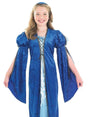 Girls Medieval Tudor Costume in blue with puffed sleeves and decorative lacing on a smiling girl
