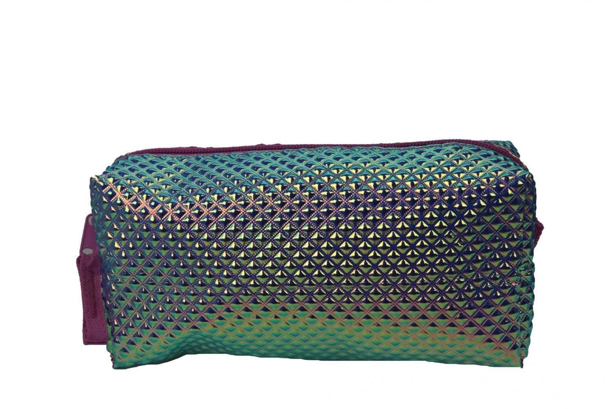 Girls mermaid pencil case in shiny iridescent green and purple with textured scale pattern