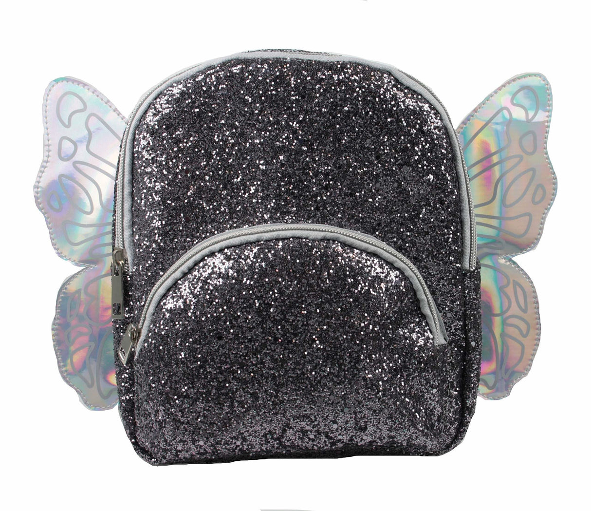 Girls novelty butterfly backpack in black glitter with iridescent wings by Fancy Dress