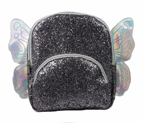 Girls novelty butterfly backpack in black glitter with iridescent wings by Fancy Dress