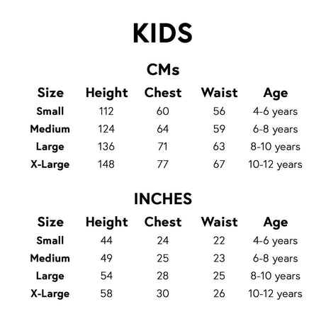 Size chart for girls oriental princess costume showing height chest waist and age in cm and inches