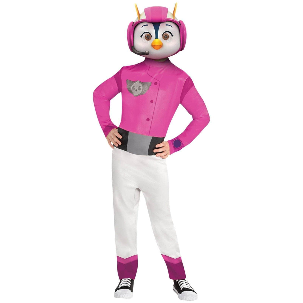 Girls penguin costume with pink jacket, white pants, and cartoon penguin headgear by Fancy Dress