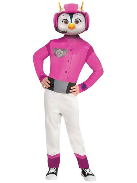 Girls penguin costume with pink and white design featuring a penguin headpiece and matching outfit