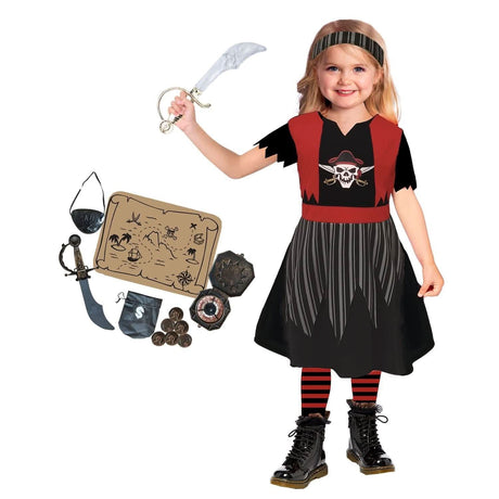 Girls Pirate Costume 6-8 Years with black and red dress, toy sword, map, and pirate accessories