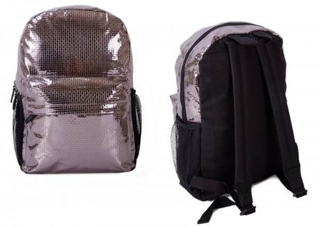 Girls shiny tile backpack in metallic pink with black padded straps and mesh side pockets