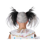 Back view of glow in the dark Halloween wig with black and white pigtails worn with a polka dot costume