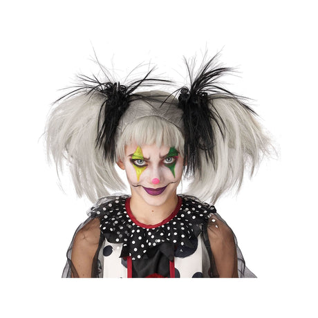 Womens Fancy Dress glow in the dark Halloween wig with white and black pigtails for spooky costumes