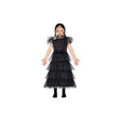 Gothic girl Halloween costume with black layered tulle dress and puffed sleeves for kids