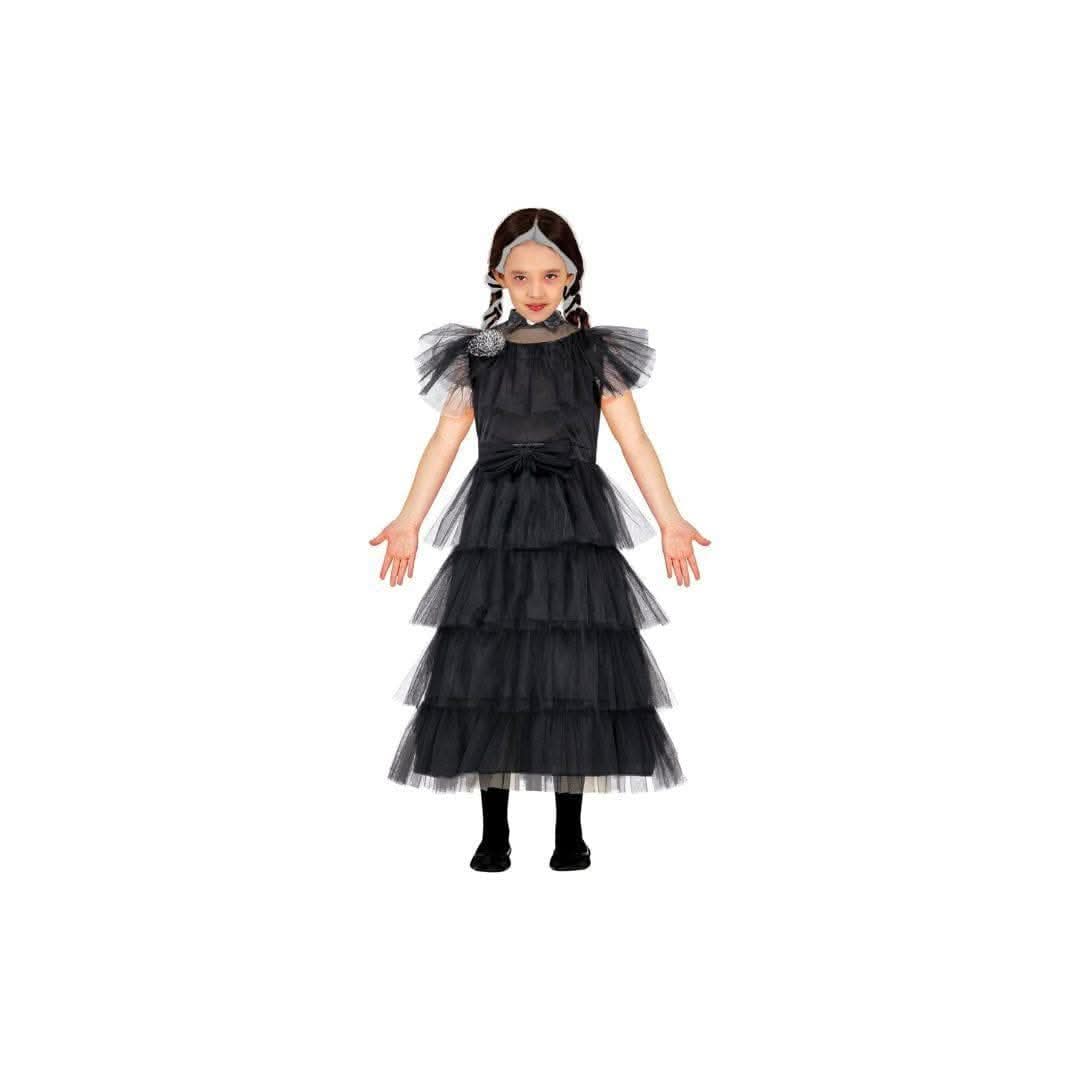 Gothic girl Halloween costume with black layered tulle dress and puffed sleeves for kids