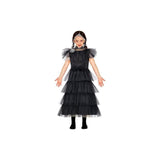 Gothic girl Halloween costume with black layered tulle dress and puffed sleeves for kids