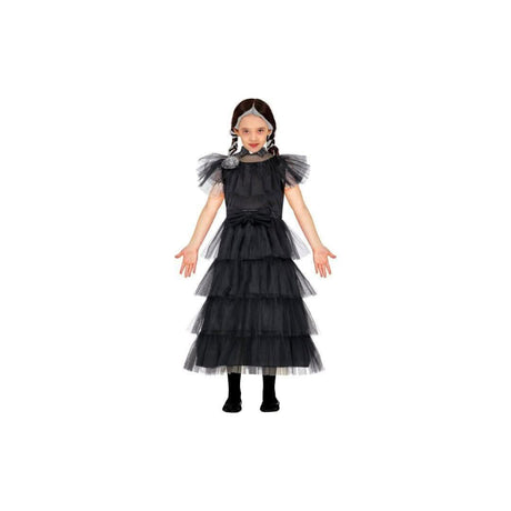 Gothic girl Halloween costume with black layered tulle dress and puffed sleeves for kids
