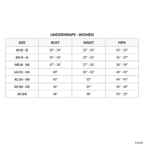 Womens size chart for Gothic Halloween costume women showing bust waist and hip measurements