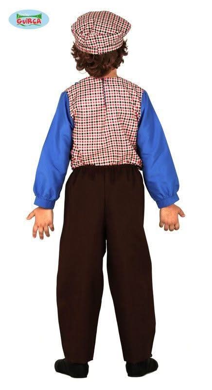 Boy wearing grandpa costume for boys with checked vest, matching cap, blue shirt, and brown pants