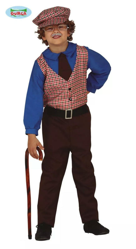 Boy wearing grandpa costume for boys with checkered vest, blue shirt, matching hat, and cane