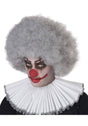 Gray jumbo clown wig worn by person with clown makeup and white ruffled collar for fancy dress