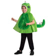 Child wearing green dinosaur costume for kids with tail and hood featuring eyes and teeth