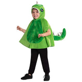 Child wearing green dinosaur costume for kids with tail and hood featuring eyes and teeth