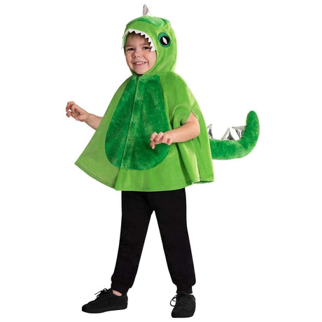 Child wearing green dinosaur costume for kids with tail and hood featuring eyes and teeth