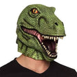 Green realistic T-Rex dinosaur mask with detailed scales and open mouth worn by person
