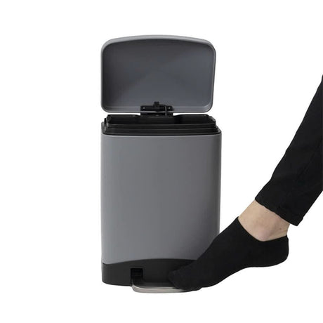 Calitek 6L pedal bin with soft close lid in gray with black base and foot pressing pedal