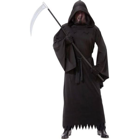 Fancy Dress Grim Reaper Halloween Costume featuring a black hooded robe and scythe accessory
