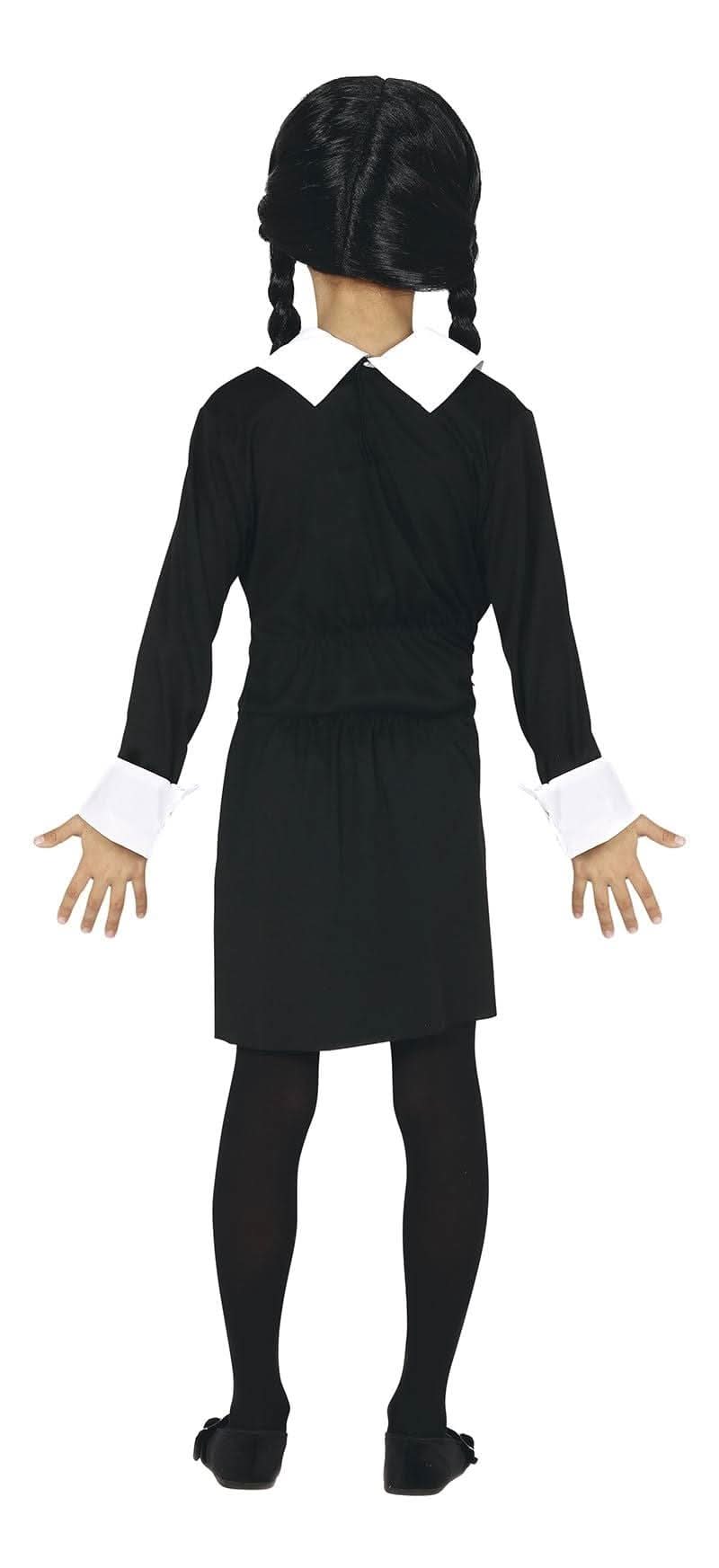Wednesday Addams kids costume featuring black dress with white collar and cuffs, black tights, and braided wig