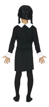 Wednesday Addams kids costume featuring black dress with white collar and cuffs, black tights, and braided wig