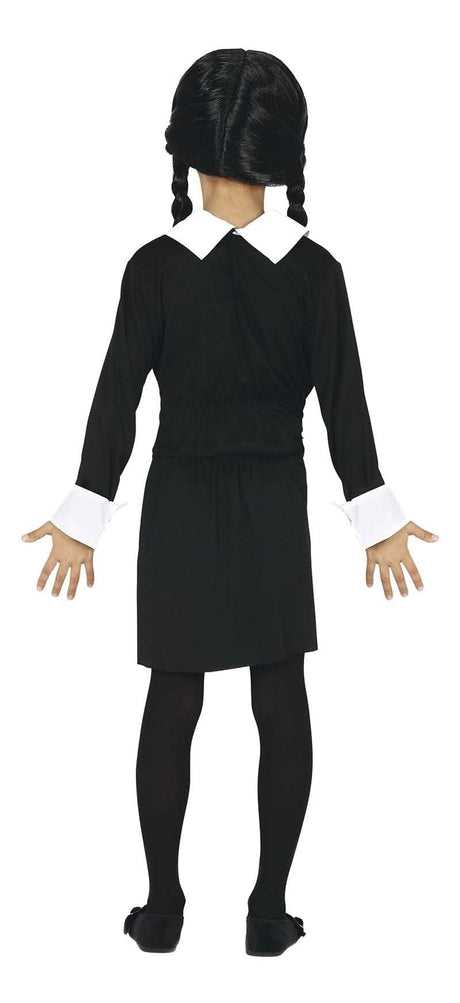 Wednesday Addams kids costume featuring black dress with white collar and cuffs, black tights, and braided wig