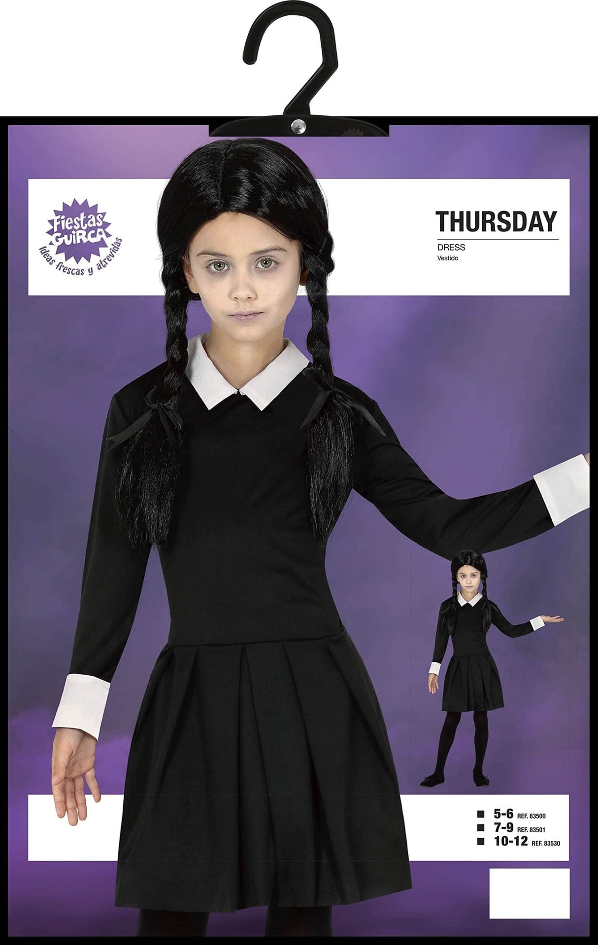 Wednesday Addams kids costume featuring black dress with white collar and cuffs and braided black wig
