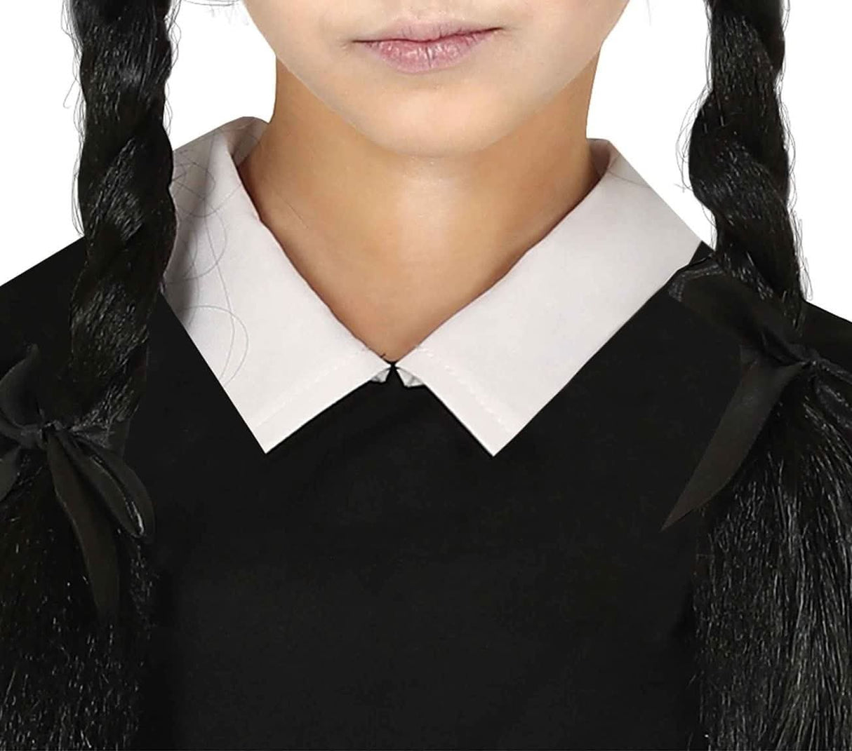 Close-up of a Wednesday Addams kids costume featuring a black dress with white pointed collar and braided hair