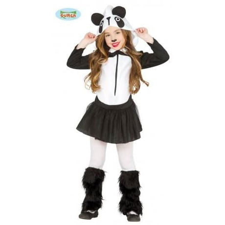 Girl wearing panda dress costume for kids with hood, black skirt, and furry leg warmers