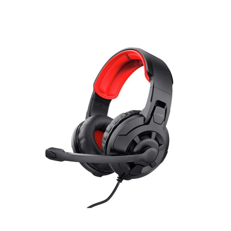Black and red 2-in-1 gaming headset and mouse combo with cushioned ear pads and adjustable microphone