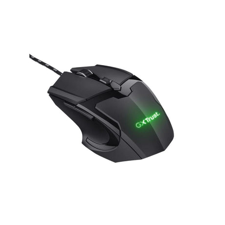 Black wired gaming mouse with green GX Trust logo in 2-in-1 gaming headset and mouse combo