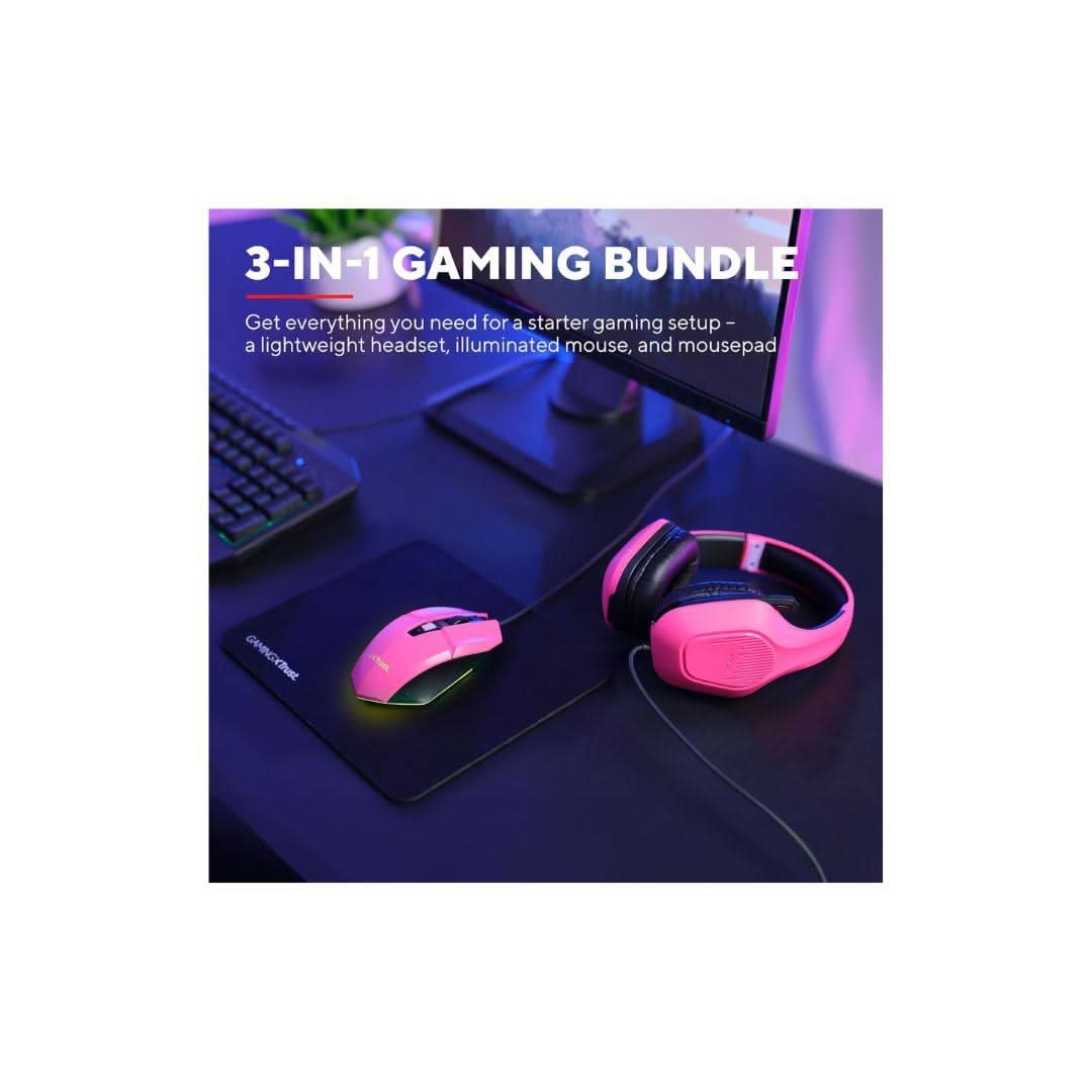 Pink gaming headset and mouse bundle with illuminated mouse and black mousepad for gaming