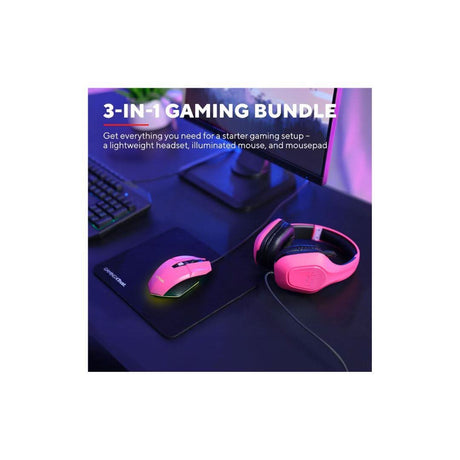 Pink gaming headset and mouse bundle with illuminated mouse and black mousepad for gaming
